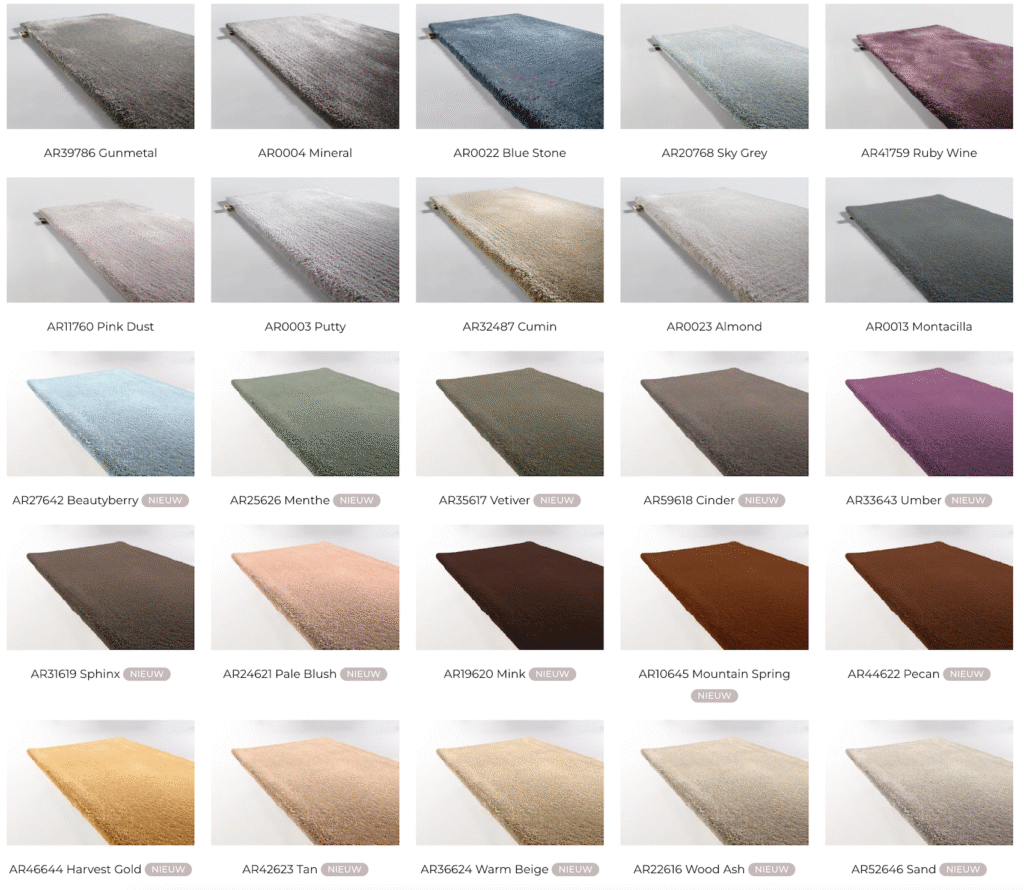 Overzicht van verschillende kleuren van de Limited Edition Astral tapijten, waaronder nieuwe tinten zoals Vetiver, Cinder en Harvest Gold.