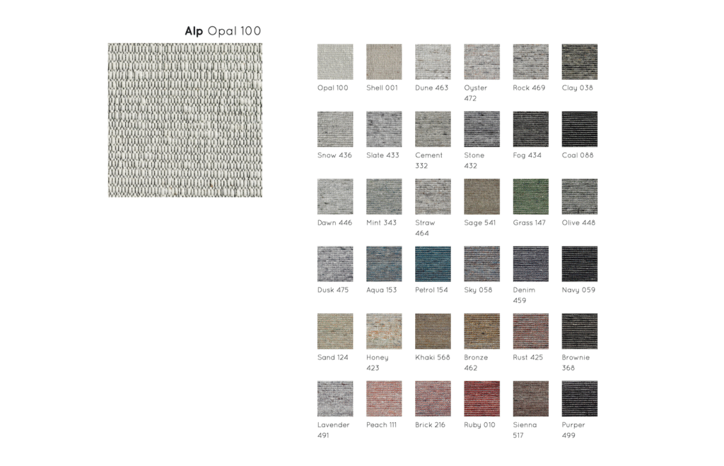 Kleurkaart van het Perletta Alp vloerkleed met 36 verschillende kleurstalen en namen, waaronder Opal 100, Sage 541 en Ruby 010.