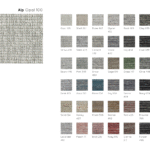 Kleurkaart van het Perletta Alp vloerkleed met 36 verschillende kleurstalen en namen, waaronder Opal 100, Sage 541 en Ruby 010.