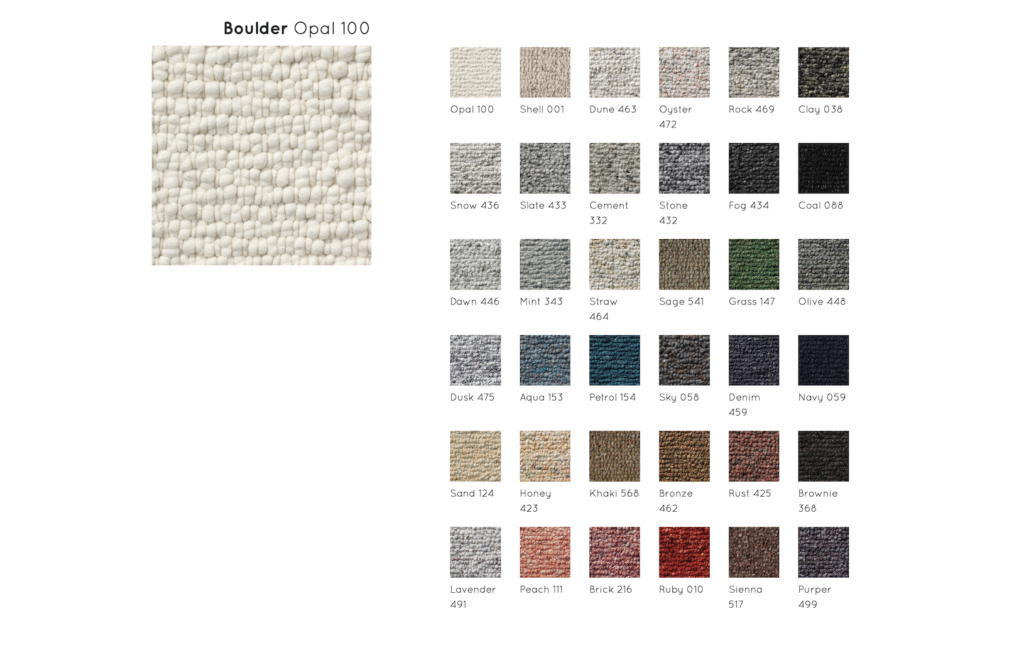 Kleurenkaart van Perletta Boulder vloerkleden met 36 kleurstalen en een uitvergrote weergave van kleur Opal 100.