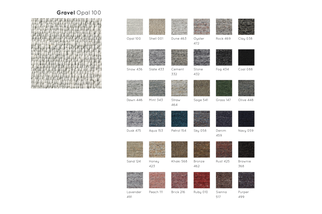 Kleurkaart van het Perletta Gravel tapijt met 35 verschillende tapijtkleuren, waaronder Opal 100.
