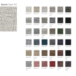 Kleurkaart van het Perletta Gravel tapijt met 35 verschillende tapijtkleuren, waaronder Opal 100.