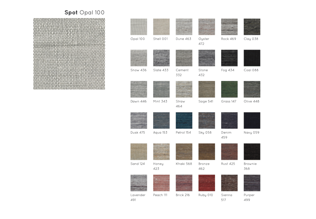 Kleurenkaart van het Perletta vloerkleed Spot met 35 kleurstalen waaronder Opal 100, Slate 433 en Ruby 010.