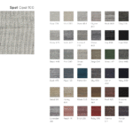 Kleurenkaart van het Perletta vloerkleed Spot met 35 kleurstalen waaronder Opal 100, Slate 433 en Ruby 010.