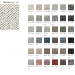 Kleurkaart van Perletta Garno met 40 verschillende geweven stofstalen, waaronder de kleur Opal 100.