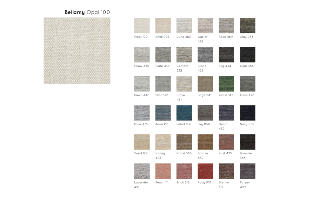 Kleurenkaart van het Perletta vloerkleed Bellamy met 35 kleurstalen en een uitgelichte staal in de kleur Opal 100.