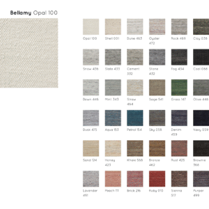 Kleurenkaart van het Perletta vloerkleed Bellamy met 35 kleurstalen en een uitgelichte staal in de kleur Opal 100.