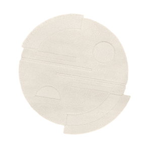 Rond vloerkleed in crèmekleur met abstracte vormen en een organisch 3-cirkel ontwerp.