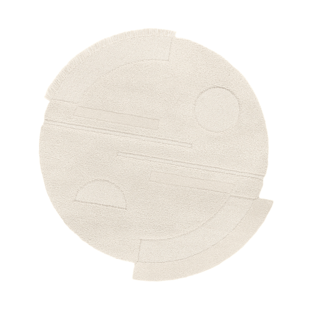 Rond vloerkleed in crèmekleur met abstracte vormen en een organisch 3-cirkel ontwerp.