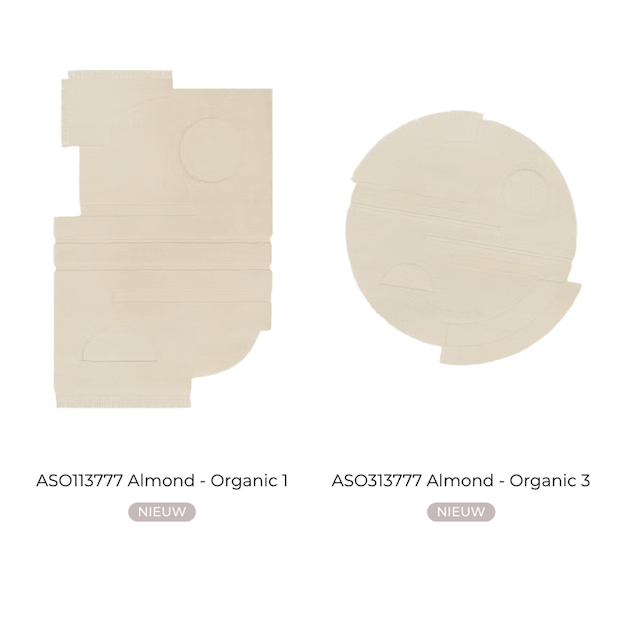 Twee abstracte, beige vloerkleden met organische vormen uit de Limited Edition Almond Organic collectie.