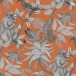 Illustratie van grijze apen, vogels en een kameleon te midden van tropische planten op een feloranje achtergrond.