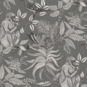 Grijs getekende jungleprint met apen, vogels, een kameleon en tropische planten.