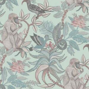 Illustratie van een tropisch patroon met bavianen, exotische vogels, een kameleon en planten in zachte pastelkleuren.