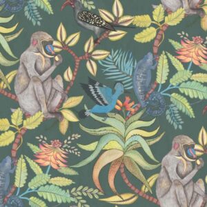 Illustratief patroon met mandrils, kleurrijke vogels, kameleons en tropische planten op een donkergroene achtergrond.