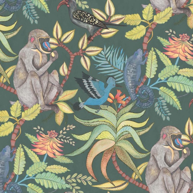 Illustratief patroon met mandrils, kleurrijke vogels, kameleons en tropische planten op een donkergroene achtergrond.