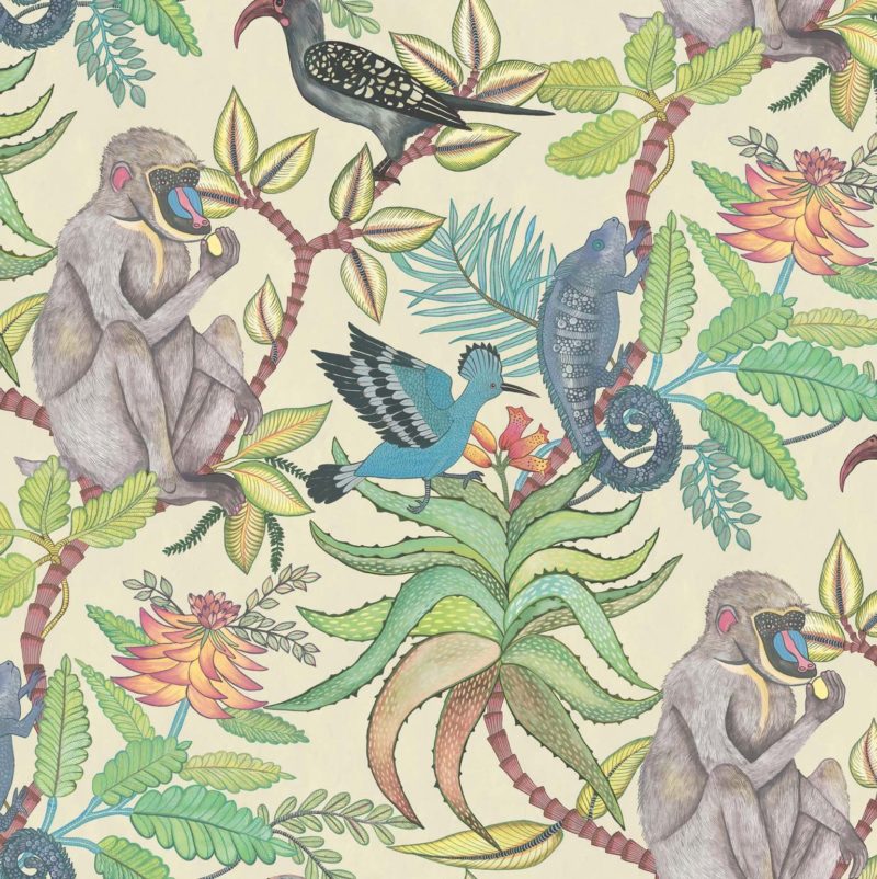 Illustratieve jungleprint met bavianen, exotische vogels, hagedissen en weelderige planten.