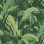 Illustratie van een patroon met lichtgroene palmbladeren op een donkergroene achtergrond.