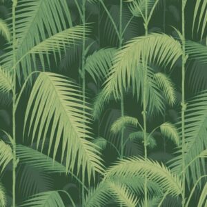 Illustratie van een patroon met lichtgroene palmbladeren op een donkergroene achtergrond.