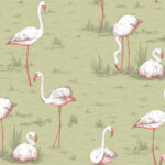 Illustratie van witte flamingo’s met roze accenten op een lichtgroene achtergrond met grasdetails.