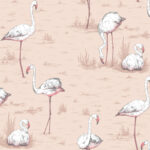 Illustratie van flamingo’s in verschillende poses op een lichtroze achtergrond met grasachtige details.
