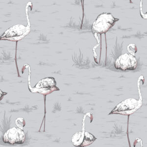 Illustratie van meerdere flamingo's in verschillende houdingen op een grijze achtergrond met grasachtige details.