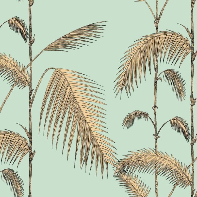 Getekende palmbladeren in beige op een lichtgroene achtergrond, uit patroonontwerp 112-2006.