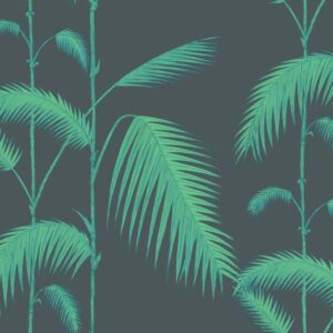 Illustratie van lichtgroene palmbladeren op een donkerblauwe achtergrond.