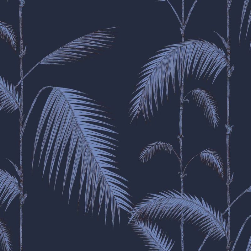 Illustratie van blauwe palmbladeren op een donkere achtergrond.