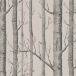 Illustratie van een bos met kale boomstammen en takken in zwart-wit tegen een lichte achtergrond.