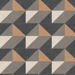 Geometrisch tegelpatroon met driehoekige vormen in zwart, grijs, beige en bruin.