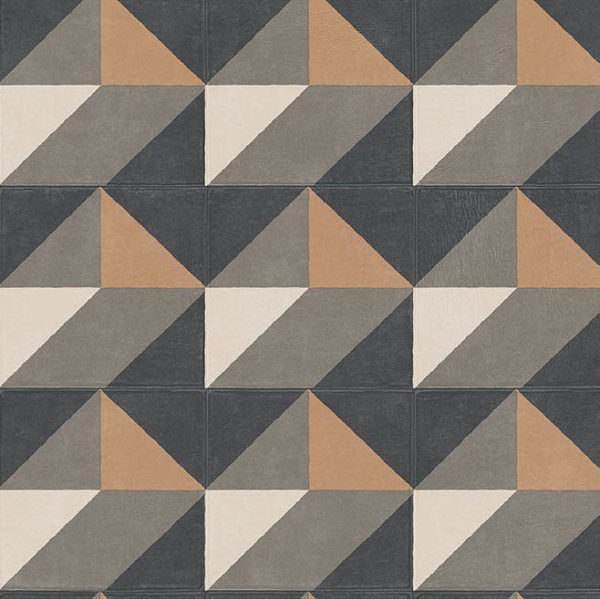 Geometrisch tegelpatroon met driehoekige vormen in zwart, grijs, beige en bruin.