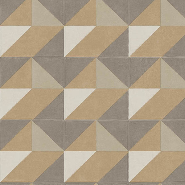 Grijze, beige en witte geometrische tegels met een driedimensionaal kubuspatroon.