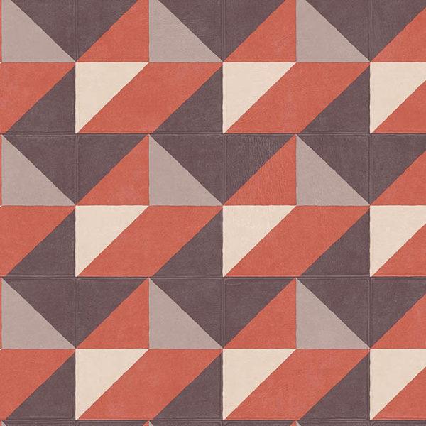 Geometrisch patroon van vierkante tegel 21062 met diagonaal gekleurde vlakken in rood, crème, grijs en donkerbruin.