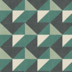 Geometrisch patroon van vierkante tegels in groen, zwart en crème met een 3D-effect.