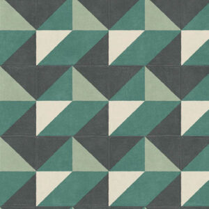 Geometrisch patroon van vierkante tegels in groen, zwart en crème met een 3D-effect.