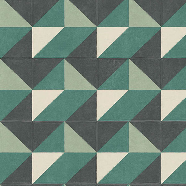 Geometrisch patroon van vierkante tegels in groen, zwart en crème met een 3D-effect.