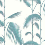 Illustratie van een botanisch patroon met blauwe palmtakken op een lichte achtergrond.