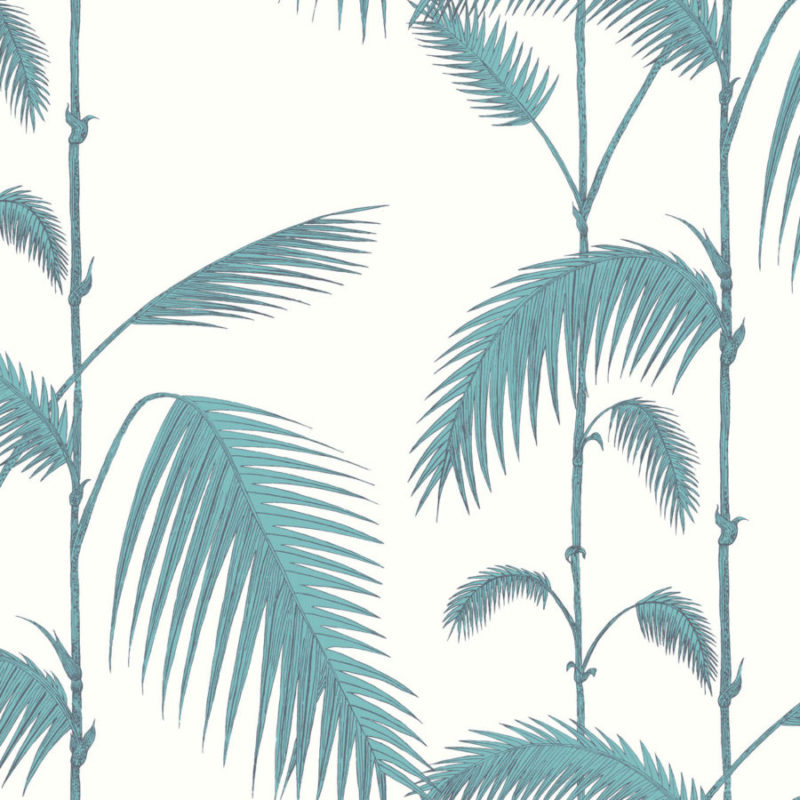 Illustratie van een botanisch patroon met blauwe palmtakken op een lichte achtergrond.