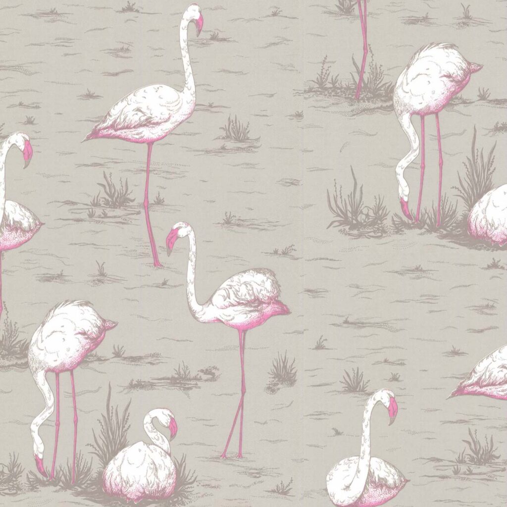 Illustratief patroon van roze flamingo's in een moerasachtig landschap op een beige achtergrond, gebaseerd op ontwerp 66-6042.