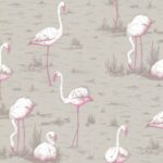 Illustratief patroon van roze flamingo's in een moerasachtig landschap op een beige achtergrond, gebaseerd op ontwerp 66-6042.