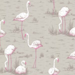 Illustratief patroon van roze flamingo's in een moerasachtig landschap op een beige achtergrond, gebaseerd op ontwerp 66-6042.