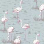 Illustratie van meerdere flamingo’s in een moeraslandschap op lichtblauwe achtergrond.