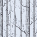 Illustratie van een bos met kale boomstammen en takken tegen een lichtgrijze achtergrond.