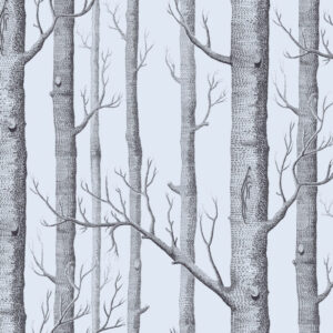 Illustratie van een bos met kale boomstammen en takken tegen een lichtgrijze achtergrond.