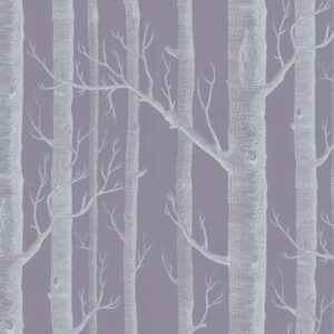 Illustratie van witte, kale boomstammen en takken tegen een grijs-paarse achtergrond.