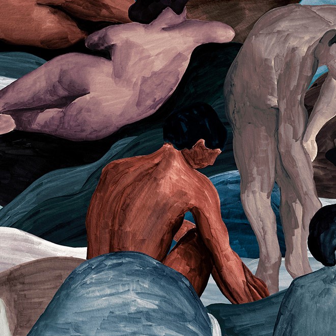 Schilderachtige compositie van naakte menselijke figuren in verschillende houdingen te midden van golvende, abstracte vormen.