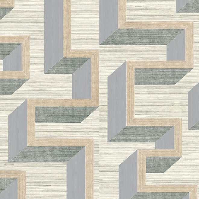 Geometrisch patroon met 3D-blokken in grijs- en beigetinten op een crème achtergrond, ontwerp 72700-GQQA-2.