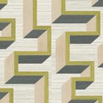 Geometrisch patroon van 3D-blokken in beige, olijfgroen en grijs op een licht gestreepte achtergrond, ontwerp 72701-CGJ7-2.