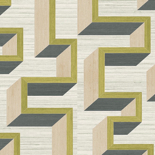 Geometrisch patroon van 3D-blokken in beige, olijfgroen en grijs op een licht gestreepte achtergrond, ontwerp 72701-CGJ7-2.