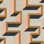 Geometrisch patroon met 3D-blokken in houttinten, zwart en roze op een beige achtergrond, ontwerp 72702-8IIA-2.